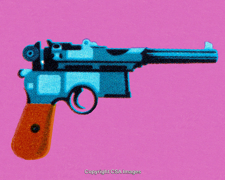 Blue Vintage Handgun Illustrated With Vibrant Pop Art Style on Pink Background