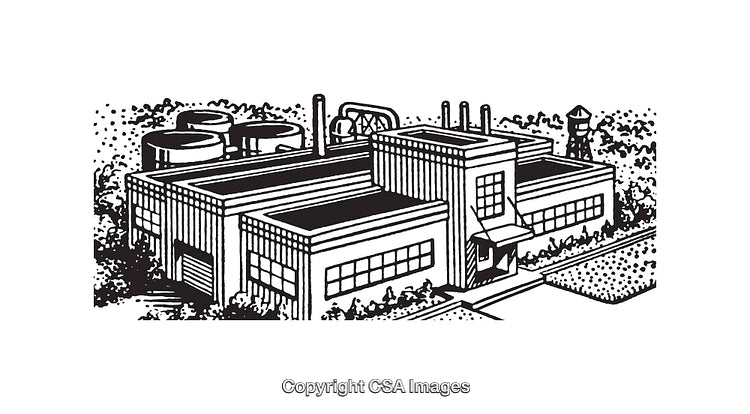 Black and White Illustration of a Factory Building with Details