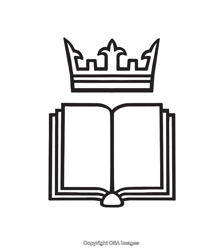 Black and White Line Art of an Open Book with a Crown
