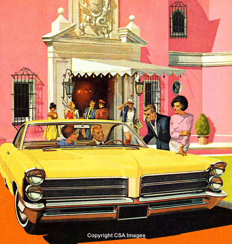 Vintage Illustration of People Enjoying a Convertible Car Outside a Luxury Hotel