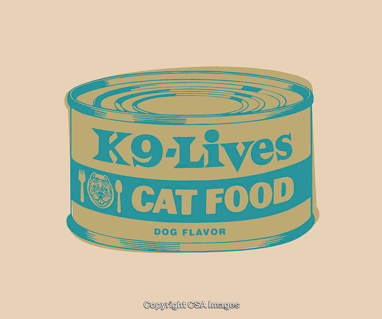 Retro Style Illustration of a Can Labeled as Dog Flavor Cat Food