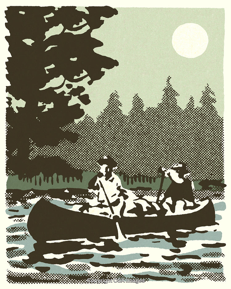 Silhouetted Canoers Exploring Serene Lake Under Moonlit Forest Sky