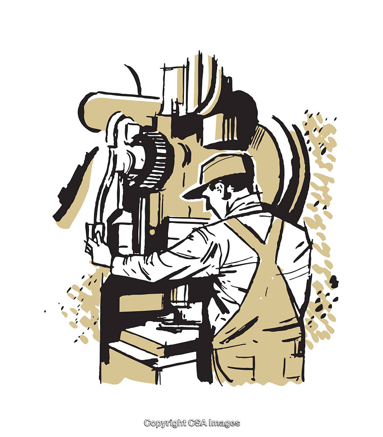 Vintage Worker Operating Industrial Machine in Retro Color Illustration