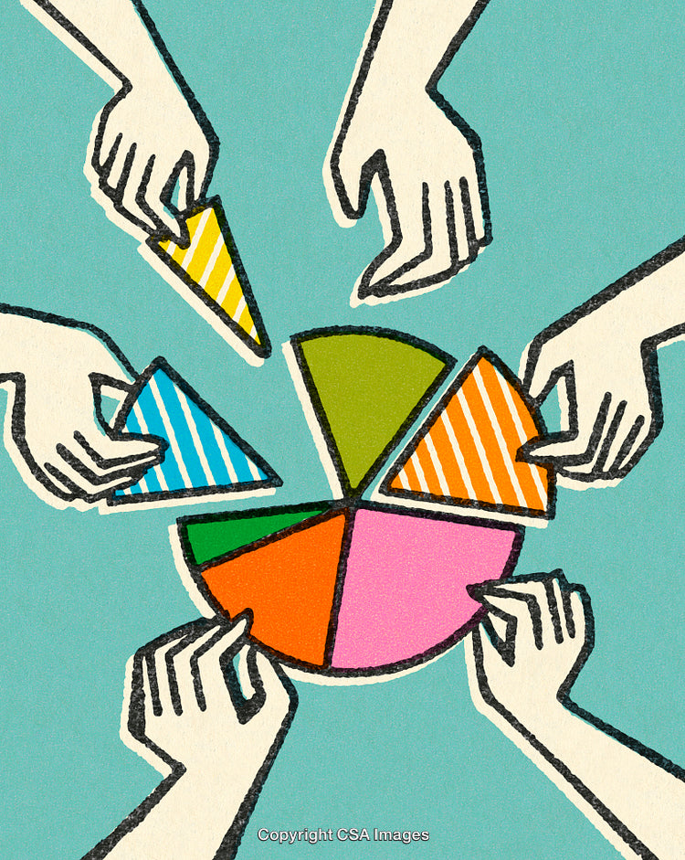 Illustration of Hands Dividing a Colorful Pie Chart Representing Collaboration and Sharing