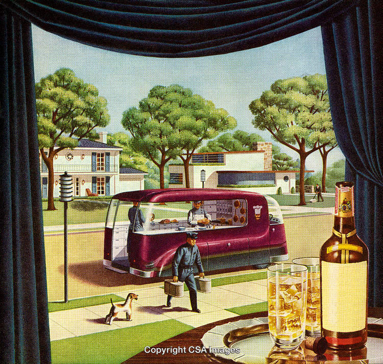 Futuristic Neighborhood Scene With Delivery Truck and Refreshing Drinks