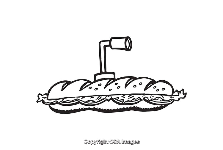 Black and White Line Art Illustration of a Sandwich with Toppings