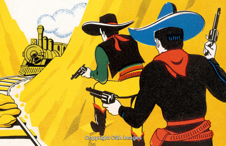 Two Cowboys Preparing to Rob a Steam Train in a Mountainous Setting