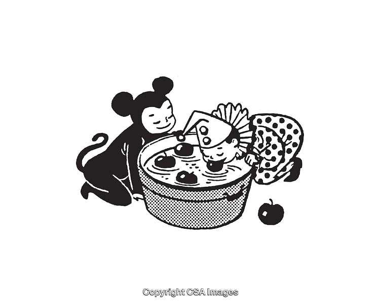 Vintage Black and White Illustration of a Traditional Halloween Celebration Scene