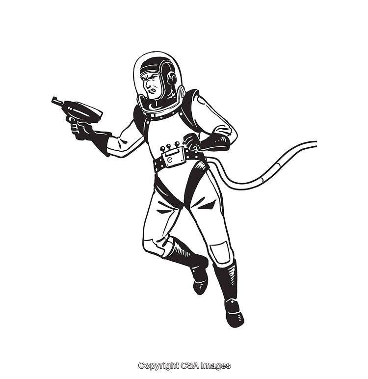 Retro Inspired Astronaut Illustration in Black and White Line Art Style