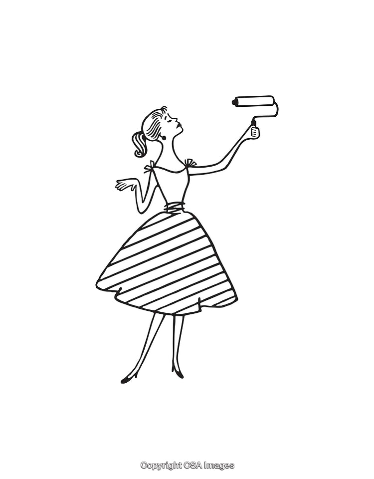 Elegant Line Art Woman Using Paint Roller in Creative Illustration