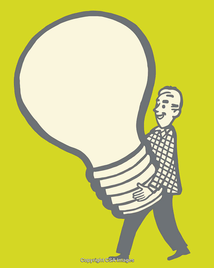 Illustration of a Man Carrying a Giant Light Bulb on Green Background