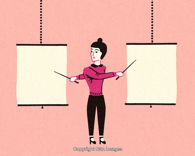 Illustration of a Woman Giving a Presentation With Two Blank Screens