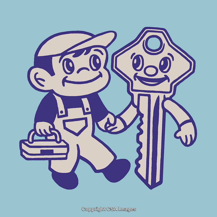 Cartoon Illustration of a Friendly Locksmith and Smiling Key in Blue