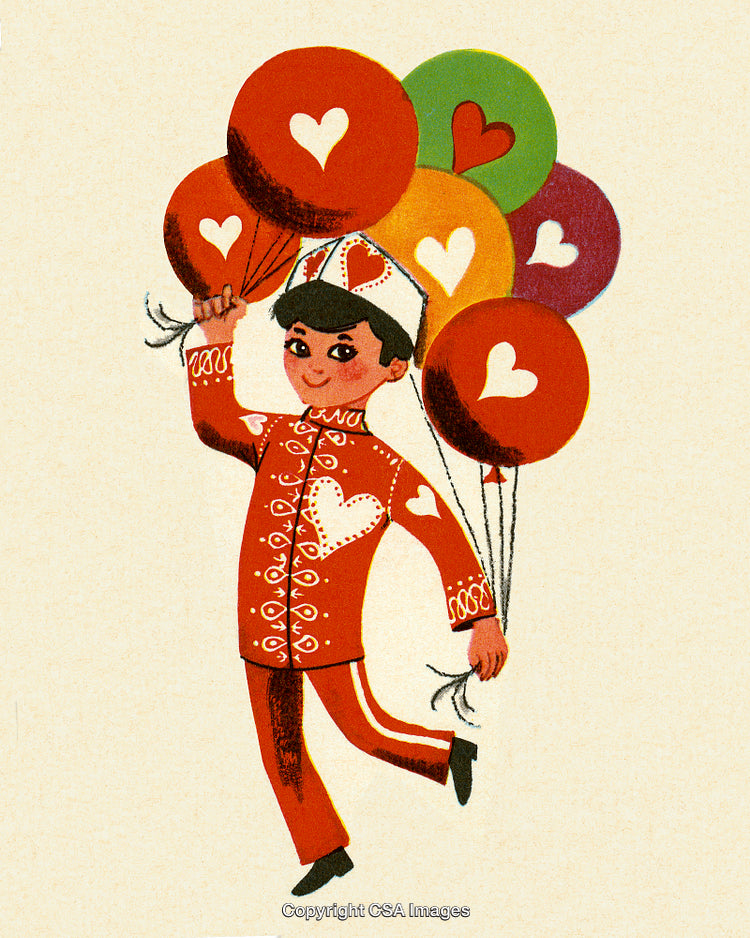 Illustration of a Cheerful Child Holding Heart Balloons in Festive Attire