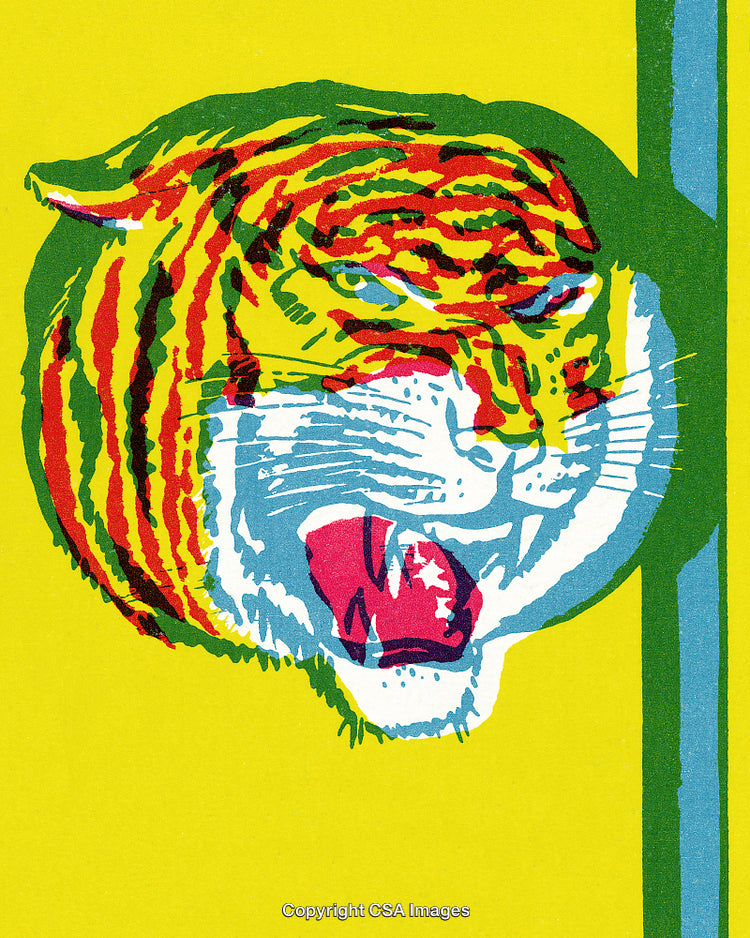 Colorful Pop Art Illustration of a Tiger Roaring on Bold Yellow Background