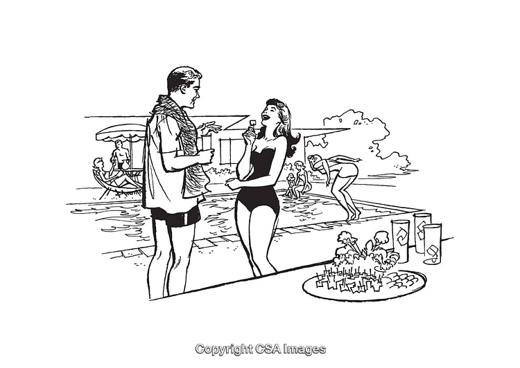 Retro Poolside Gathering with Friends and Refreshments in Monochrome Style