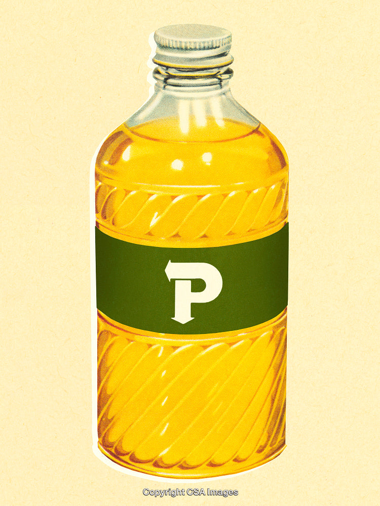 Vintage Glass Bottle with Textured Design and Yellow Liquid on Yellow Background