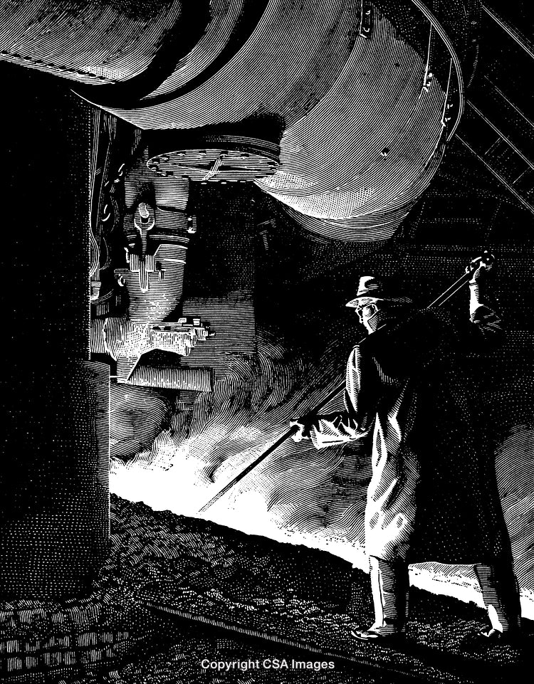 Black and White Engraving of Industrial Worker at Furnace