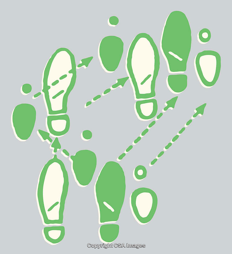 Stylized Green Footstep Path Illustration with Arrow Directions on Light Background