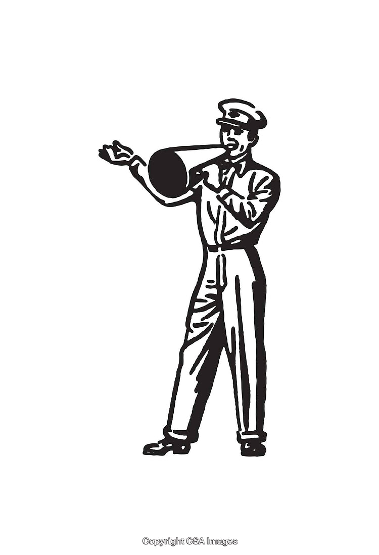 Vintage Line Art Illustration of a Worker With a Horn