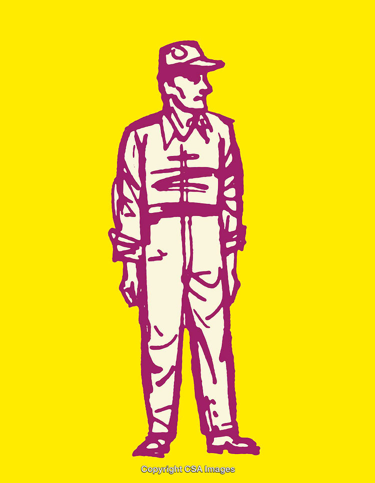 Colorful Line Art Illustration of Man in Uniform with Yellow Background