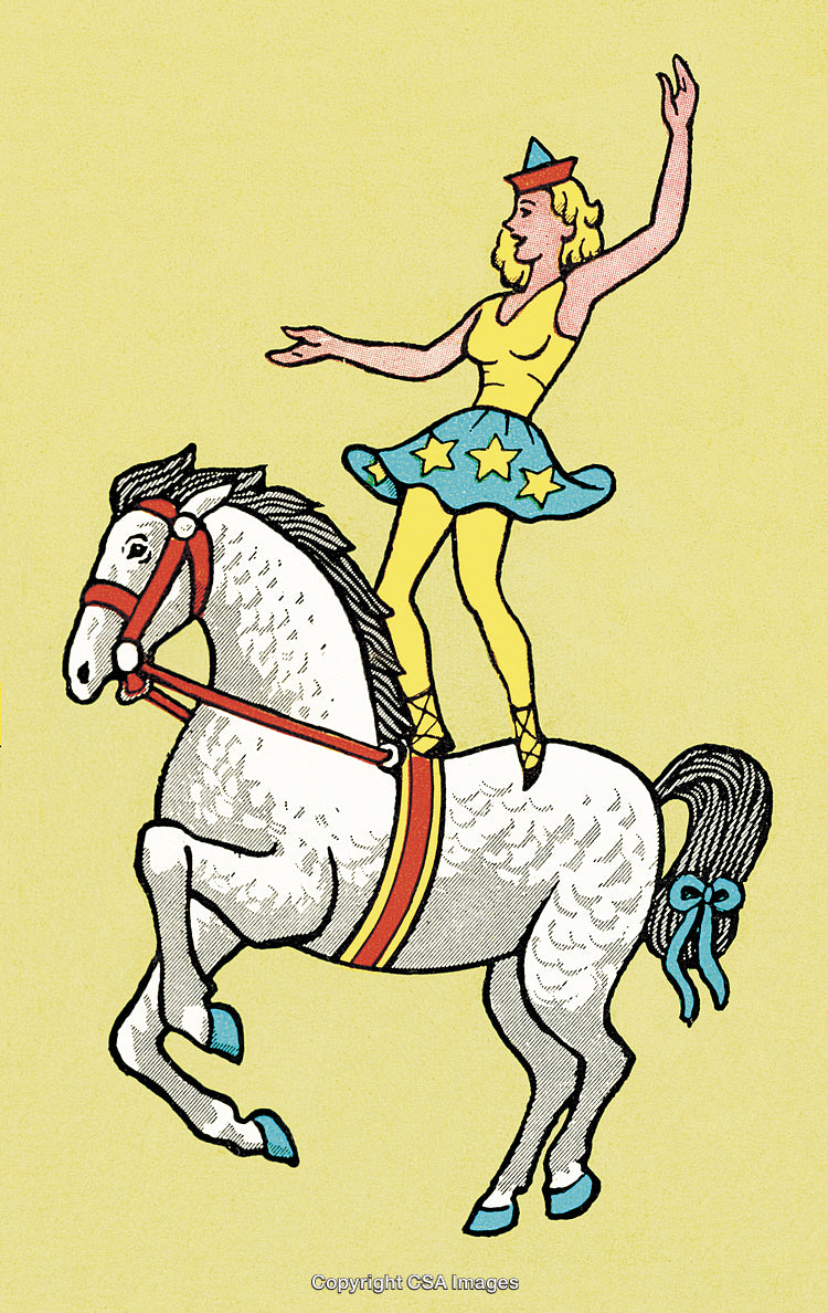 Circus Performer Balancing Gracefully on a Dressed-Up Horse in Action