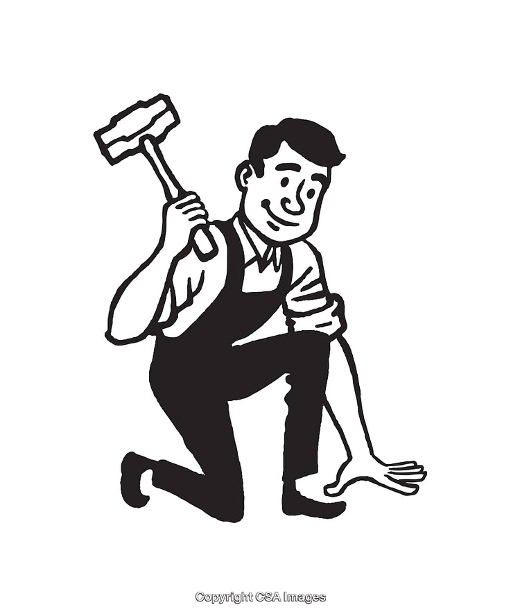 Retro Black and White Illustration of a Worker Holding a Hammer