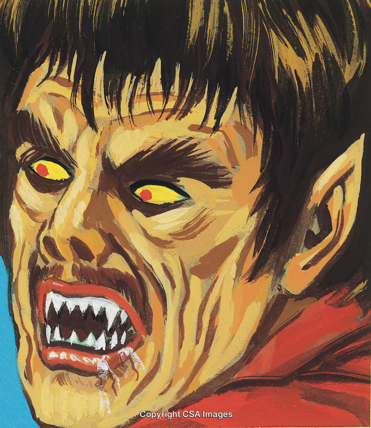 Close-Up Illustration of a Vampire with Yellow Eyes and Sharp Fangs