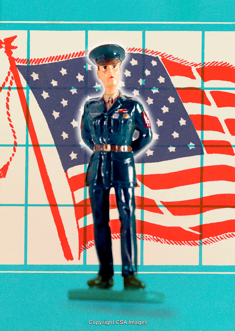 Toy Soldier Figurine in Front of American Flag Artistic Display