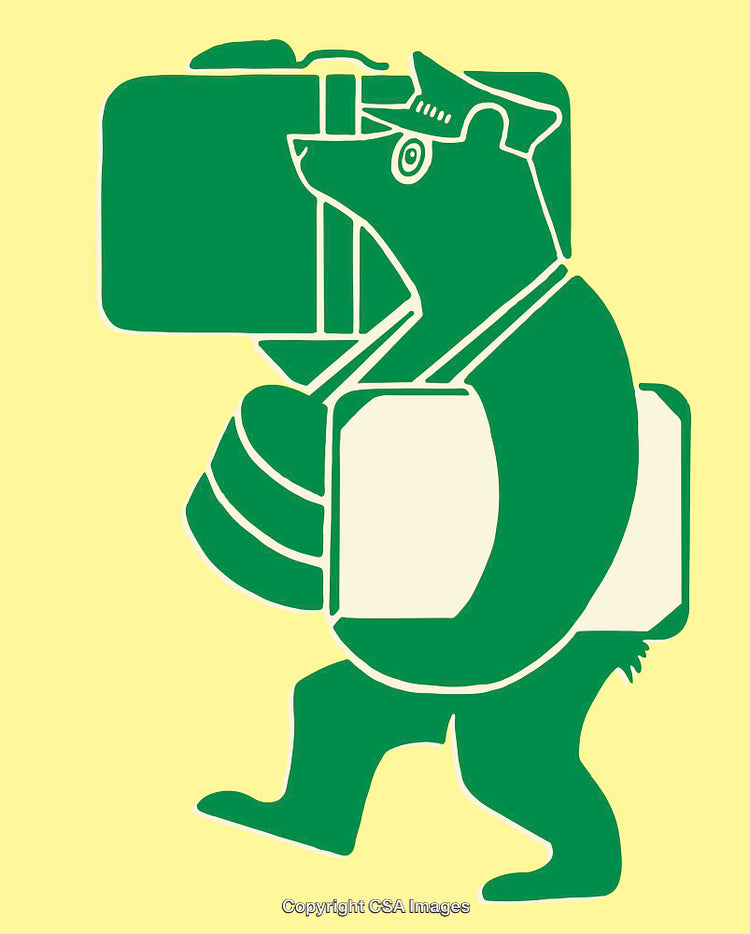 Colorful Graphic of a Bear Carrying Luggage with a Cap