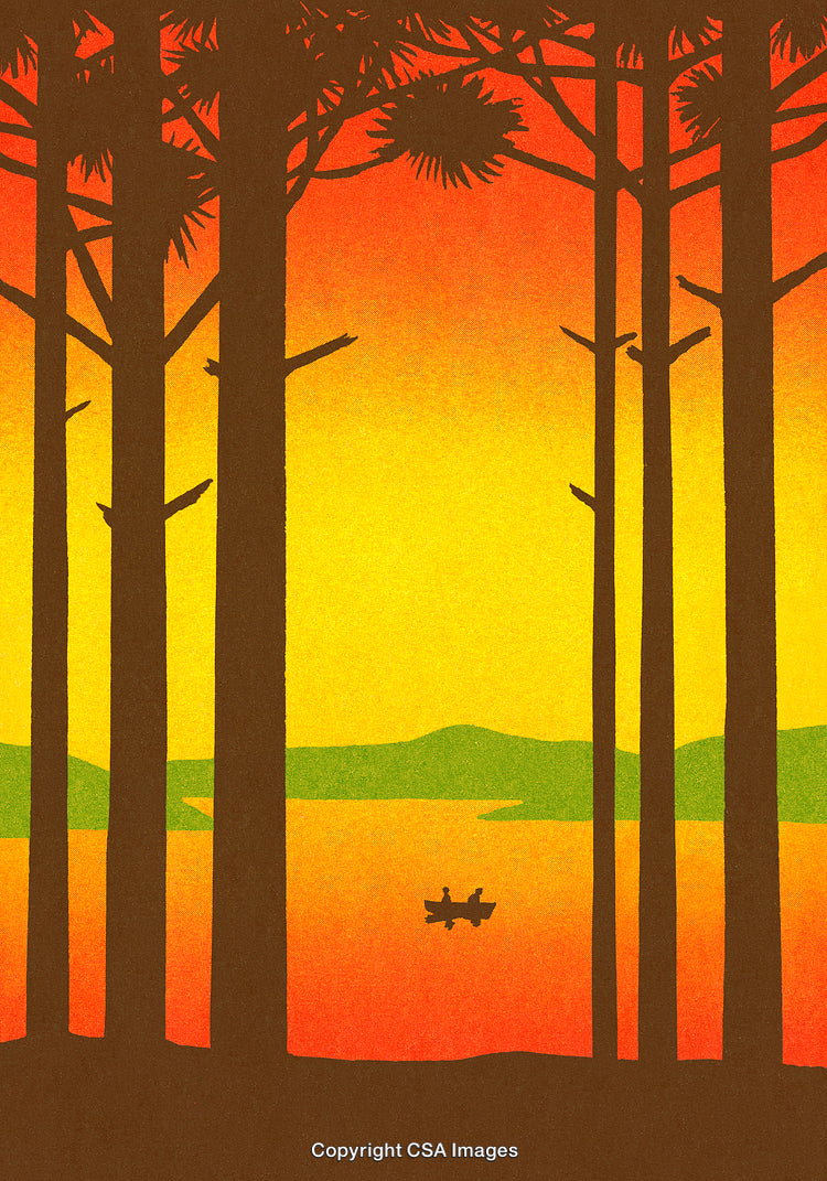 Silhouette of a Boat on a Lake at Sunset Framed by Forest Trees