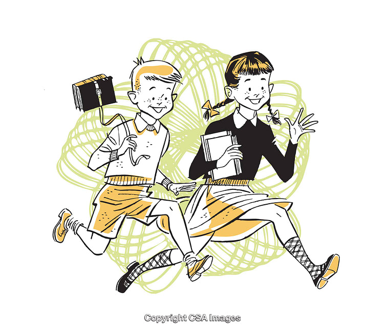 Retro Illustration of Happy Schoolchildren Joyfully Running Together
