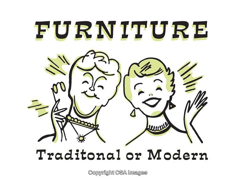 Retro Artwork Depicting Traditional and Modern Furniture Concepts in Snappy Style