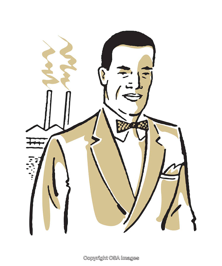 Vintage Illustration of a Gentleman in a Suit with a Factory Backdrop
