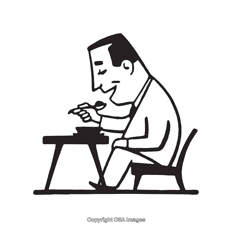 Black And White Illustration of a Man Eating At a Small Table