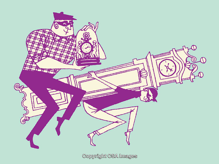 Humorous Illustration of Two Thieves Stealing a Large Clock