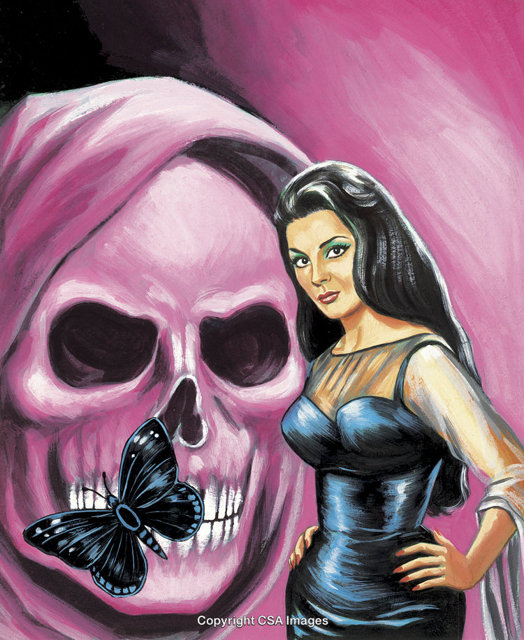 Mystical Woman with Skull and Butterfly in Surreal Pink Artwork