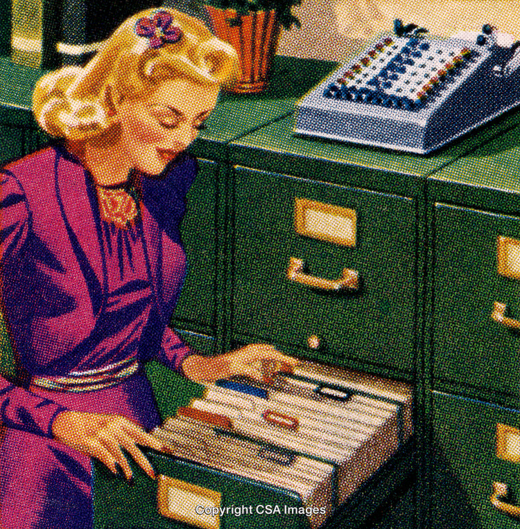 Vintage Illustration of Woman at Filing Cabinet in Retro Office Setting