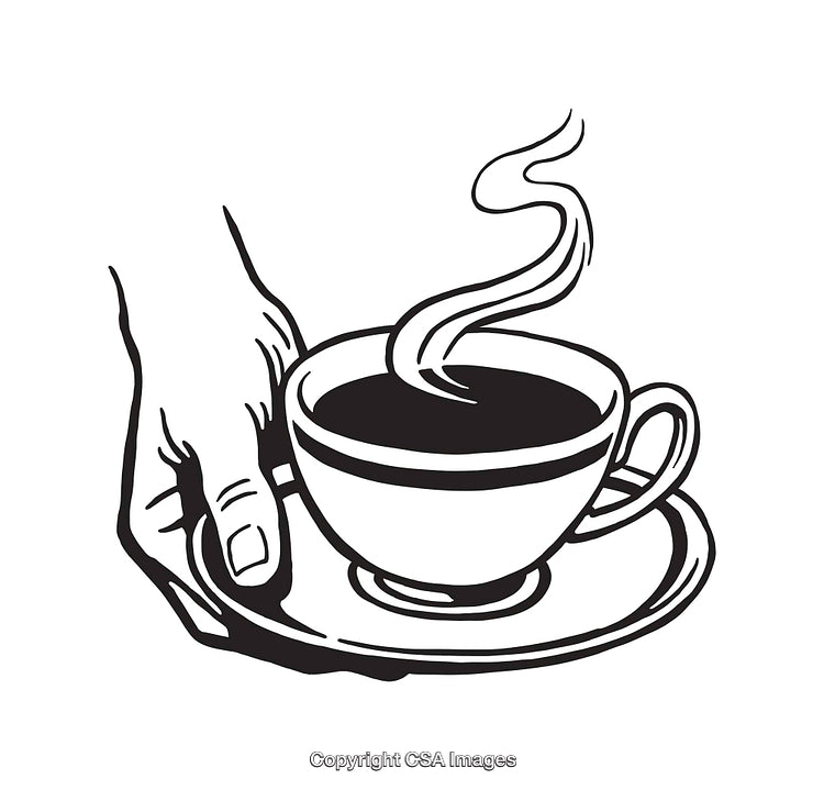 Hand Holding a Hot Coffee Cup on a Saucer in Black and White