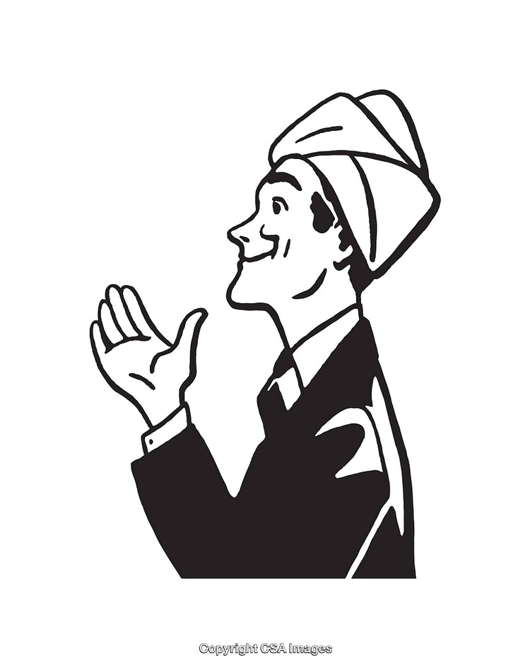 Black and White Illustration of a Smiling Man Gesturing with a Turban