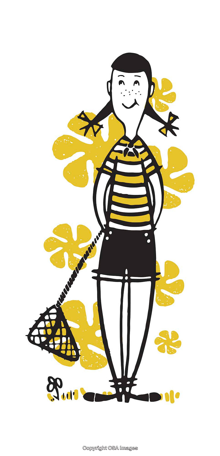 Playful Child Illustration With Net and Bold Floral Elements for Design