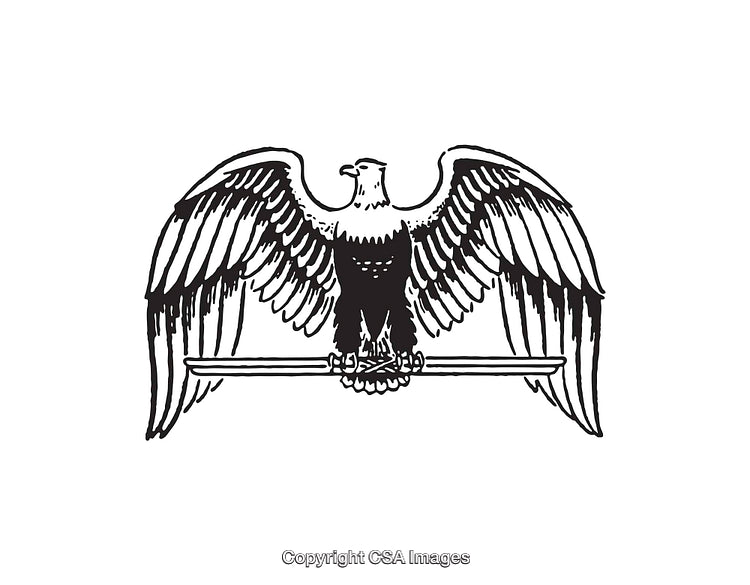 Black and White Line Art of an Eagle Perched on a Sword