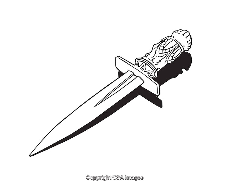 Black and White Line Art Illustration of a Decorative Dagger
