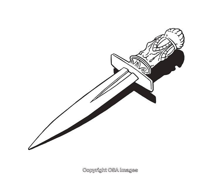 Black and White Line Art Illustration of a Decorative Dagger