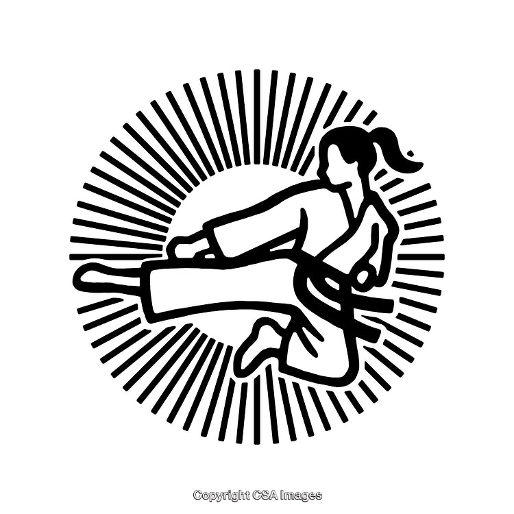 Black and White Line Art Martial Arts Kick Illustration with Sunburst