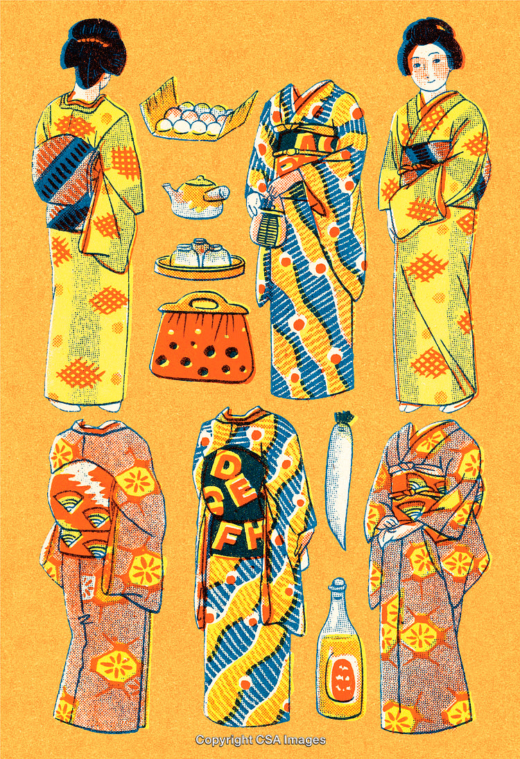 Colorful Japanese Kimono Illustrations Featuring Cultural Symbols and Traditional Designs