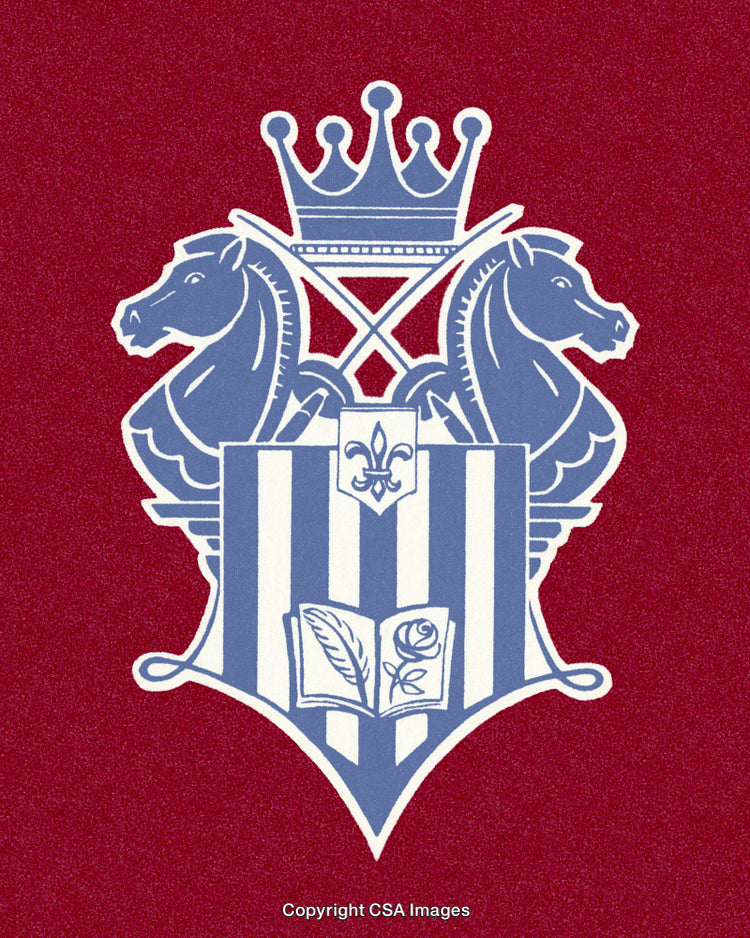 Elegant Heraldic Crest Featuring Horses, Crown, Book, and Fleur-De-Lis Symbol