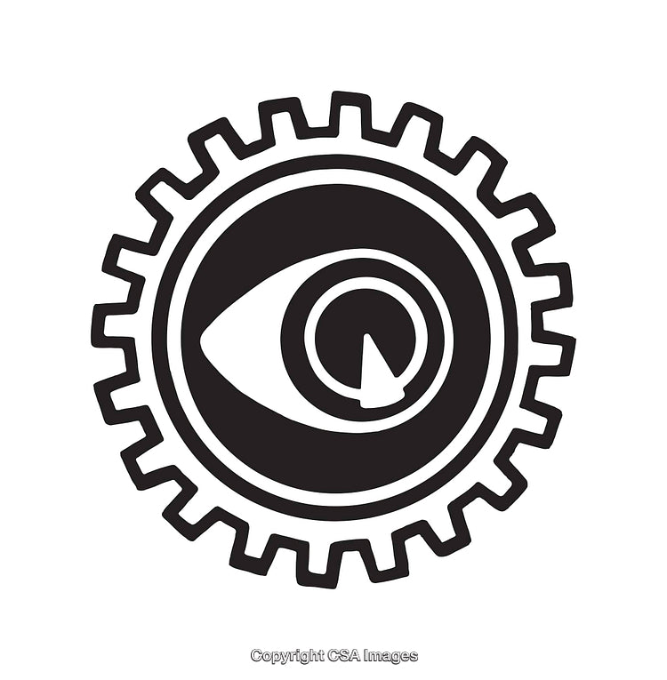 Black and White Gear and Eye Symbol Line Art Illustration