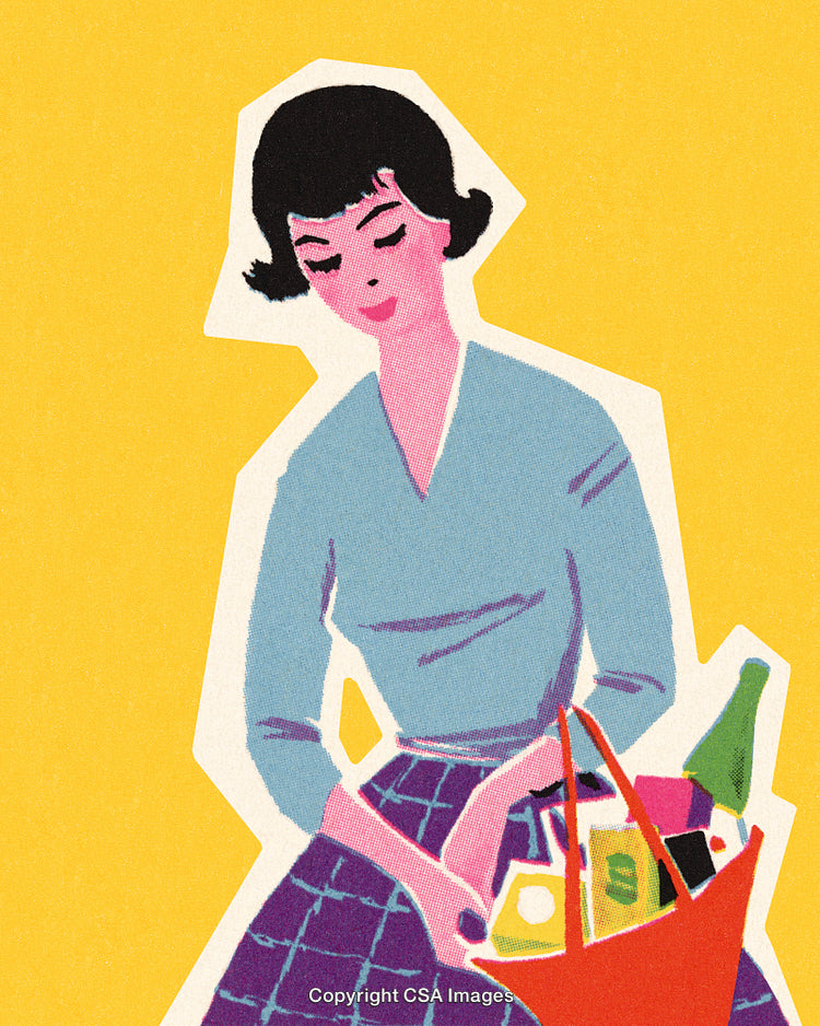 Vintage Illustration of Woman with Grocery Bag on Bright Yellow Background