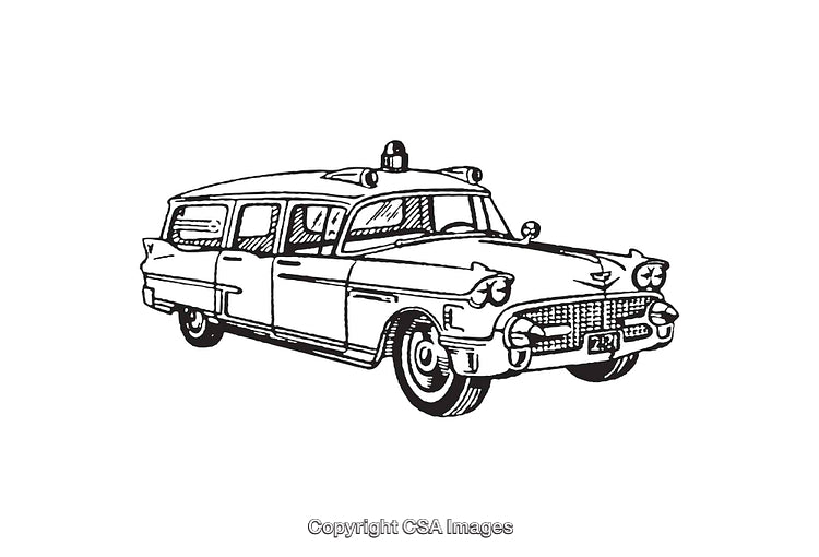 Retro Black and White Line Art of a Vintage Ambulance Car